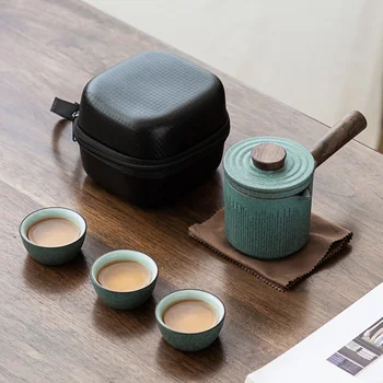 LUWU de cerámica verde kyusu teteras con 3 tazas de un té conjuntos de viaje portátil juego de té cristalería