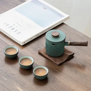 LUWU de cerámica verde kyusu teteras con 3 tazas de un té conjuntos de viaje portátil juego de té cristalería