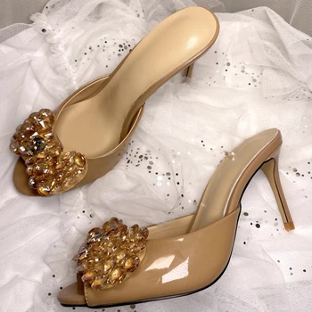 Rhinestone arco decorativo de las señoras zapatos de tacón alto de oro negro punta redonda zapatos de tacón alto de verano de las señoras del partido zapatillas