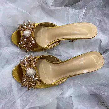 Rhinestone arco decorativo de las señoras zapatos de tacón alto de oro negro punta redonda zapatos de tacón alto de verano de las señoras del partido zapatillas