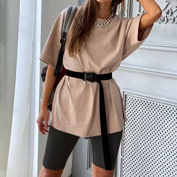 Casual suelto de la mujer set de dos piezas de color sólido de la casa de los deportes de la moda de ocio traje de verano de 2020 camiseta+pantalones cortos de chándal con cinturón