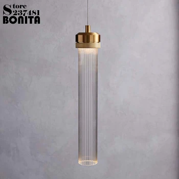 Tubo redondo de cristal moderna lámpara colgante led de Rayas cilindro colgante luces de tubo Largo de cristal de cobre pequeña droplight loft