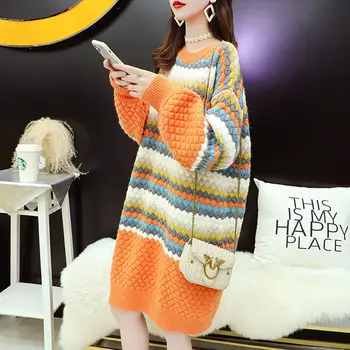 La mitad de la longitud mujer suéteres vestido de otoño/invierno 2020 2021new de moda de estilo coreano flojo y delgada Japonés punto de la base de vestido