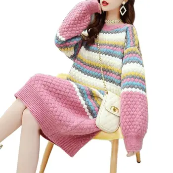 La mitad de la longitud mujer suéteres vestido de otoño/invierno 2020 2021new de moda de estilo coreano flojo y delgada Japonés punto de la base de vestido
