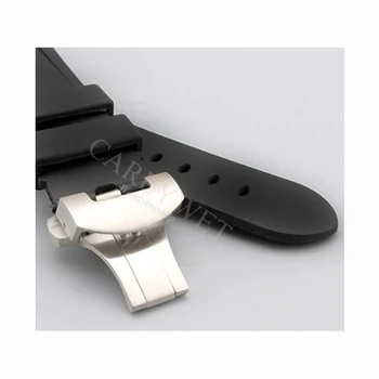 CARLYWET 24mm Negro Impermeable de la Goma de Silicona de Repuesto Reloj de Pulsera Banda de la Correa con Silver Negro Hebilla Para Luminor