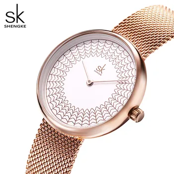 Shengke relojes de las mujeres de lujo de oro rosa elegante reloj de pulsera de malla de prueba dwaterproof agua de cuarzo reloj de señoras