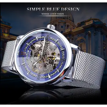 Ganador de los Hombres de Moda los Relojes Mecánicos de Plata Azul Deporte Ultra-delgado Reloj Analógico de Malla de Acero Banda de Negocios Reloj Relogio Masculino