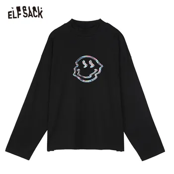 ELFSACK Harajuku Láser Negro Impreso Suelto Casual T-Camisas de las Mujeres,2020 Otoño ELF Completo de la Manga coreano Ladeis Básico Diario Tapas