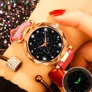 2020 Cielo Estrellado de las Mujeres Reloj de Pulsera de Moda Elegante y Luminoso de Cuero reloj de Pulsera de Lujo de Oro Rosa Reloj de Cuarzo relogio feminino