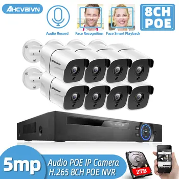 HD 8CH de 5MP POE Sistema de cámaras de Seguridad se Enfrentan Registro de NVR Impermeable al aire libre Cámara IP Audio de Registro de Vigilancia del Video casero Kit