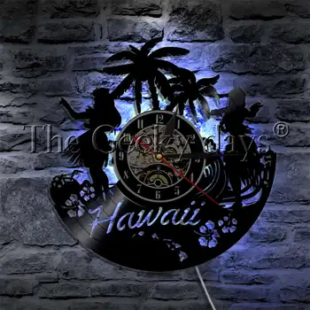 1Piece Hawaii Tiempo de Verano Luau Party disco de Vinilo de Pared Reloj de Palma Paisaje del Mar de la Decoración al aire libre de la Playa del Mar Silueta de Reloj de Pared