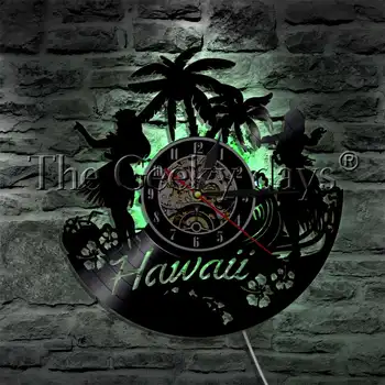 1Piece Hawaii Tiempo de Verano Luau Party disco de Vinilo de Pared Reloj de Palma Paisaje del Mar de la Decoración al aire libre de la Playa del Mar Silueta de Reloj de Pared