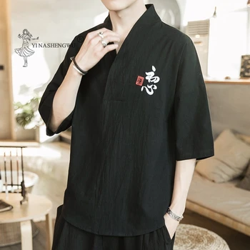 Los hombres del Bordado de la camiseta de Kimono Japonés Media Corta, Camisa de Manga Japón Harajuku Pantalones de ropa de Hombre Asiático Yukata Cardigan de Disfraces