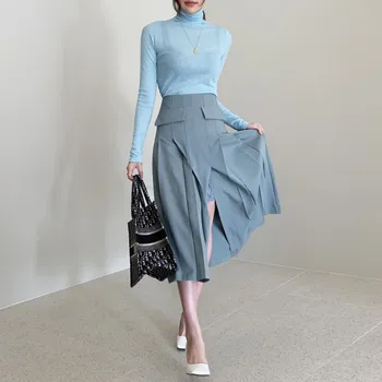 Nuevo Las Mujeres De La Moda Una Línea Casual Primavera Otoño Elegante Sólido Señora De La Oficina Plisada Faldas Midi