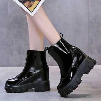 Lucyever 10cm Super zapatos de Tacón Alto de la Plataforma de Botas de Tobillo para las Mujeres de Cristal de la Moda de la Cremallera de Cuero de la Pu Zapatos de Mujer Negro Beige Botas