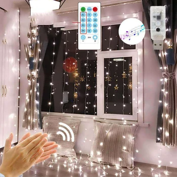 3M LED de Música de Sonido de Control Remoto de la Cortina de Luces de Hadas de Alimentación USB de Navidad Guirnalda LED Cadena de Luces de Fiesta de Boda de Jardín Decoración
