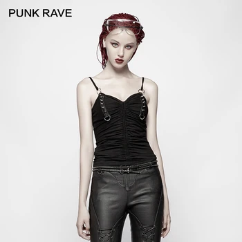 PUNK RAVE Nuevo Diario Punk de punto T-shirt Gótico Remache de la Decoración de la Moda Sin espalda Sexy Slim Camisola Tops