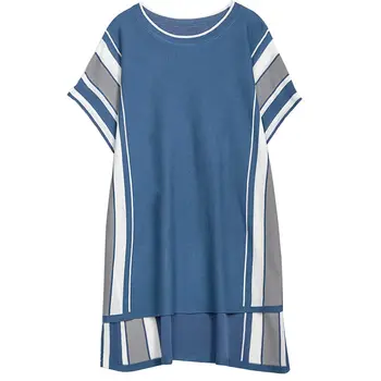 Gran Tamaño de las Mujeres T-shirt de Prendas de punto de la mitad de la longitud de Verano coreano Suelto Vestido de Camisa casual de la raya de la Asimetría de Jersey Blusa Tops R105