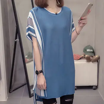 Gran Tamaño de las Mujeres T-shirt de Prendas de punto de la mitad de la longitud de Verano coreano Suelto Vestido de Camisa casual de la raya de la Asimetría de Jersey Blusa Tops R105
