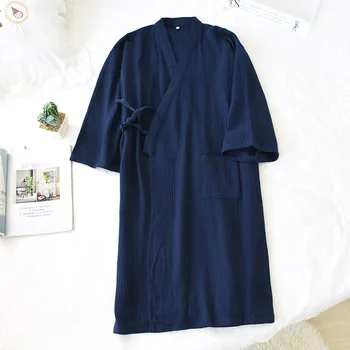 Otoño Algodón Crepé Túnicas de las Mujeres Delgadas Japonés Kimono Albornoz Sólido de la Mitad de Pijamas para Dormir Tops Sueltos y Suave Bata
