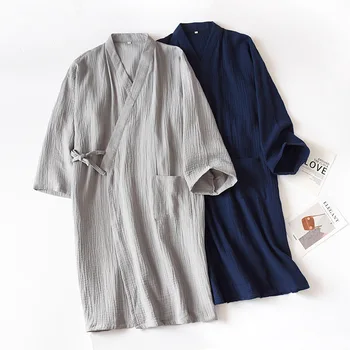 Otoño Algodón Crepé Túnicas de las Mujeres Delgadas Japonés Kimono Albornoz Sólido de la Mitad de Pijamas para Dormir Tops Sueltos y Suave Bata