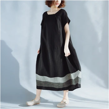 Ropa de Mujer en tallas 4XL Vestidos de Verano, Ropa de cama de Algodón de Patchwork de Gran Tamaño Vestido de Mujer Casual Suelto Negro Vestido Largo de 2019