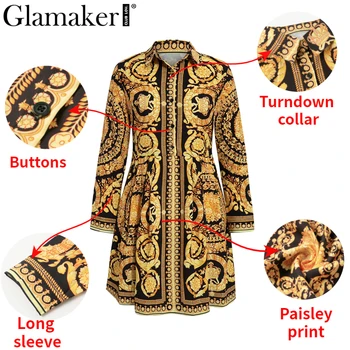 Glamaker Sexy paisley impresión del vintage de oro vestido de las Mujeres v cuello de la camisa corta vestido de verano de fiesta elegante club vestido de gran tamaño de la túnica