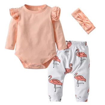 3pcs Lindo de las Niñas de Bebé de color Rosa Suave Body de Algodón Tops+Flamingo de Impresión Pantalones+Diadema en Bebés y Niñas juego de Ropa Trajes