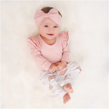 3pcs Lindo de las Niñas de Bebé de color Rosa Suave Body de Algodón Tops+Flamingo de Impresión Pantalones+Diadema en Bebés y Niñas juego de Ropa Trajes