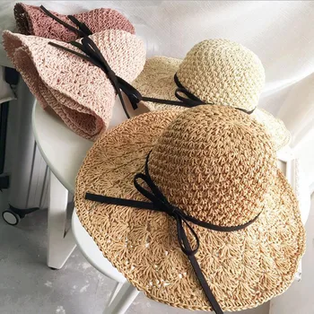 BINGYUANHAOXUAN nueva moda sencillos hechos a mano de ganchillo sombrero de paja de la mujer de la playa de sombra protector solar sombrero para el sol