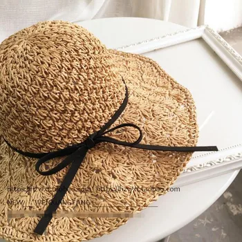 BINGYUANHAOXUAN nueva moda sencillos hechos a mano de ganchillo sombrero de paja de la mujer de la playa de sombra protector solar sombrero para el sol