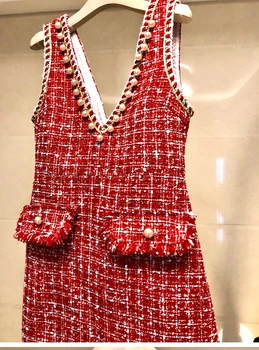 YiLin Kay 2019 Alta Calidad Nueva Marca de Vestidos de Lujo de la Pasarela de Diseñadores de V-cuello delgado de Tweed sin mangas vestido de mujer.