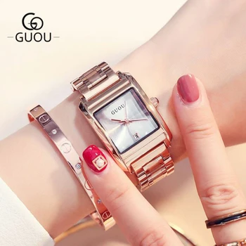Nuevo Reloj de Señoras de las Mujeres Relojes de GUOU de Oro Rosa Reloj de Pulsera de Acero Inoxidable Auto de Fecha Mirar el Reloj relogio feminino saat