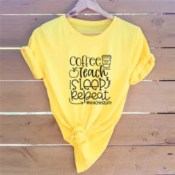 Más el Tamaño de S-5XL las Mujeres de la Camiseta de la Fasion Café Carta de Impresión de la Camiseta de Algodón Camisetas de las Mujeres O de Cuello de Manga Corta Camisetas Tops de Verano
