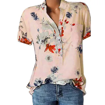 Bohemio de la Mujer de la Túnica Floral de la Impresión Bolsillo de la Camisa de las mujeres 2020 blusas de Manga Corta Blusa Fácil la parte Superior de la Camisa de Más el Tamaño de la Blusa Feminina
