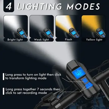 4-el Modo USB Luz de la Bicicleta y Bicicleta de Equipo 6-Modo de Cuerno de la Linterna de la Bicicleta Velocímetro Cronómetro Pantalla LED de la Bicicleta del Faro