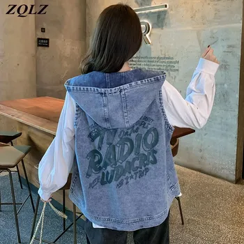 ZQLZ Vintage Chaleco de las Mujeres 2020 Otoño Nueva Carta Suelto con Capucha Casual sin Mangas de Verano Corto Chalecos de Jeans Chaqueta, Tops Mujer