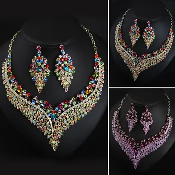 Las Mujeres De La Moda De La Declaración De La Joyería De La Boda Conjuntos De Collar Aretes De Diamante De Imitación De Gargantilla De Cristal Babero Collar De Regalos De Parte De Los Accesorios