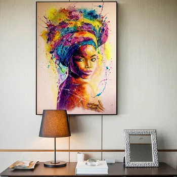 Resumen Chica Africana Retrato Pelo Afro Impresiones De La Lona De Arte De Pared De Graffiti A La Acuarela, Pintura De Carteles De Imagen Para La Sala De Estar