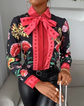 2020 las Mujeres Casual Otoño de Turn-down Cuello Elegante de la Gasa de la Blusa de Cuello de Corbata Mariposa Floral de Impresión de Manga Larga Blusa de las Señoras de la Camisa