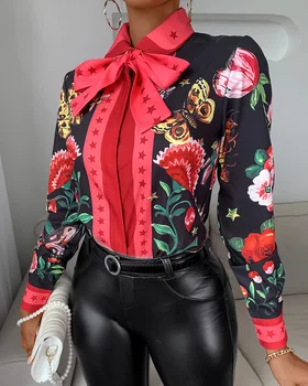 2020 las Mujeres Casual Otoño de Turn-down Cuello Elegante de la Gasa de la Blusa de Cuello de Corbata Mariposa Floral de Impresión de Manga Larga Blusa de las Señoras de la Camisa