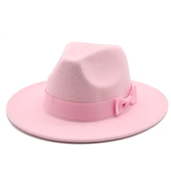 Fieltro de los sombreros de las mujeres de los hombres sólida de ala ancha bowknot cinta de opciones la banda de sombrero de invierno de las mujeres elegantes fascinador vestido formal de la rosa blanca mujer sombreros