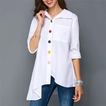 Más el Tamaño de las Mujeres de la Camisa Blanca de la parte Superior de colores Botón Irregular de las Mujeres Blusa de Manga Larga de Otoño Túnica de Moda Mujer Blusas 2021