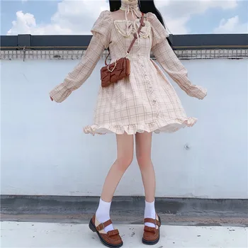 El Verano En Japón Nueva Kawaii Suave De La Chica Pink Plaid Vestido De Dulce Arco Lindo De Encaje Con Volados Puff Manga Vestido De Encaje Hasta El Arco Suelto Vestido