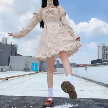 El Verano En Japón Nueva Kawaii Suave De La Chica Pink Plaid Vestido De Dulce Arco Lindo De Encaje Con Volados Puff Manga Vestido De Encaje Hasta El Arco Suelto Vestido