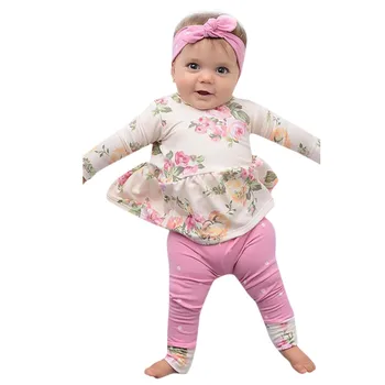 Ropa de bebé en 2018 MODA Bebé Recién nacido Niña Toldos Floral Tops Pantalones de Vestir de Punto Polainas de Trajes Conjunto L1205