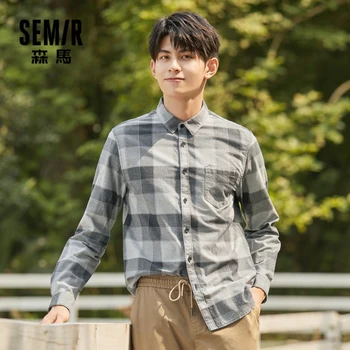 Camisetas de manga larga de los hombres de otoño estilo coreano camisa a cuadros de algodón tops para hombre nueva camiseta masculina