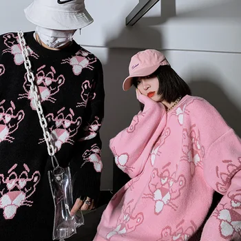 Nuevo Otoño coreano de la Moda de las Mujeres del Suéter Flojo Par de punto, Tops Mujeres de gran tamaño de Hip-hop de dibujos animados de color Rosa Suéteres de Mujer
