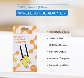 CHIPAL 5 G 2.4 G 1200Mbps Tarjeta de Red Inalámbrica Externa USB 3.0 Adaptador WiFi LAN, Wi-Fi del Receptor Dongle 802.11 ac/n para Ordenador PC
