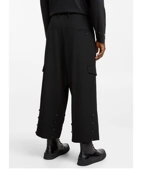 Hip Hop De La Moda De La Marca Suelto Casual Elástico De La Cintura De Color Negro Sólido Tobillo Bandas Pantalones Pantalones Casuales Lado De La Calle Botón Dividir Pantalón